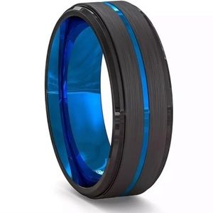 Men’s Blue Black Brushed Stainless Steel Ring Band